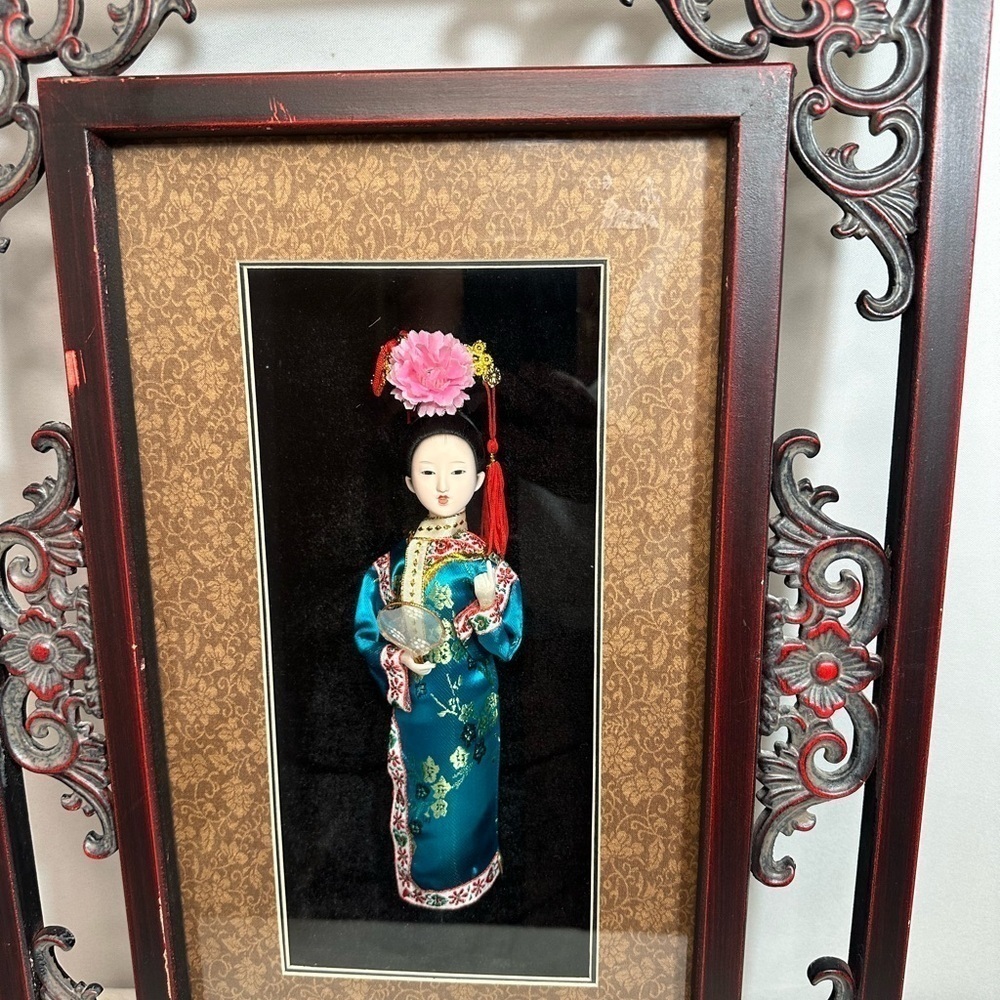 Framed Oriental Asian Operation Doll Figurine Porcelain In Wooden Box Art Decor